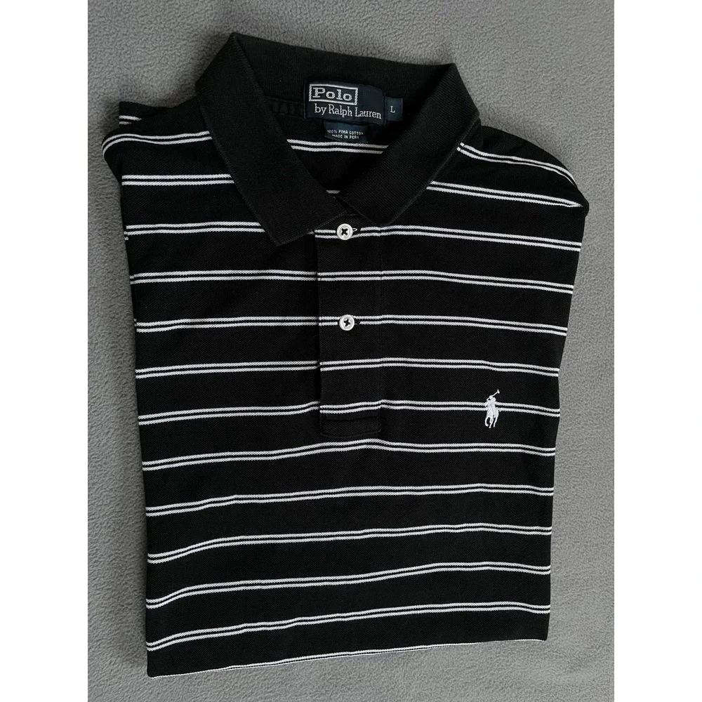 Polo Ralph Lauren Polo Shirt Mens Large Black Striped 100 Pima Cotton